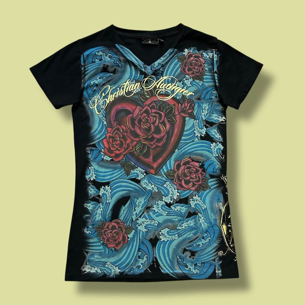 Vintage Christian Audigier y2k Shirt Rose Art Wave Tattoo Style Womens Medium